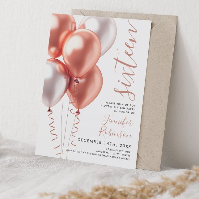 Minimale Rose Gold Ballons Sweet 16 Geburtstag Einladung (Minimal Rose Gold Balloons Sweet 16 Birthday Invitation)