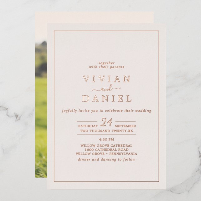 Minimale Rose Gold Foil | Schwarzes Foto Zurück Ho Folieneinladung (Vorderseite/Rückseite)