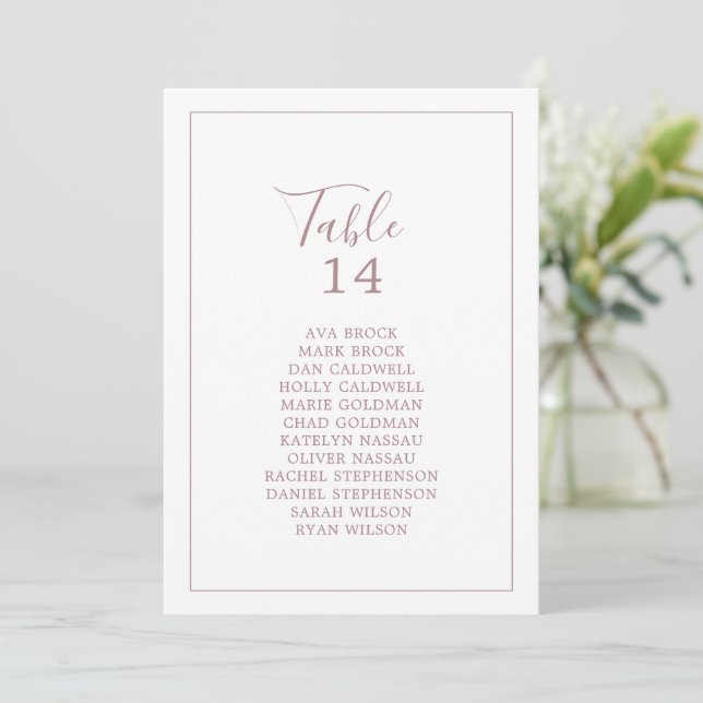 Minimale Rose Gold Tischnummer Seating Chart Cards (Stehend Vorderseite)