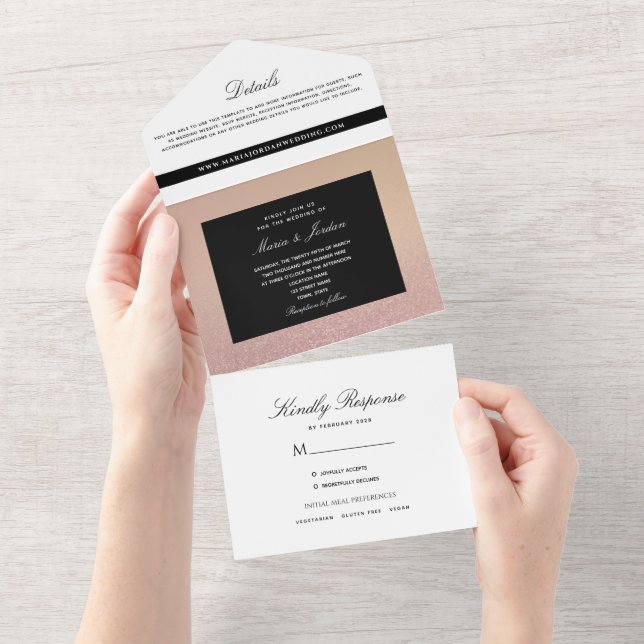 Minimale Rose Gold und Black Wedding All In One Einladung (Abreißen)