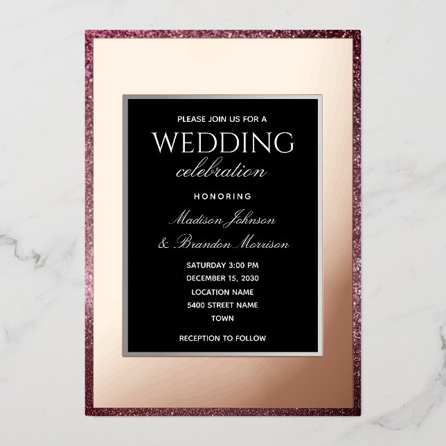 Minimale Rose Gold und Black Wedding Folieneinladung (Vorderseite)