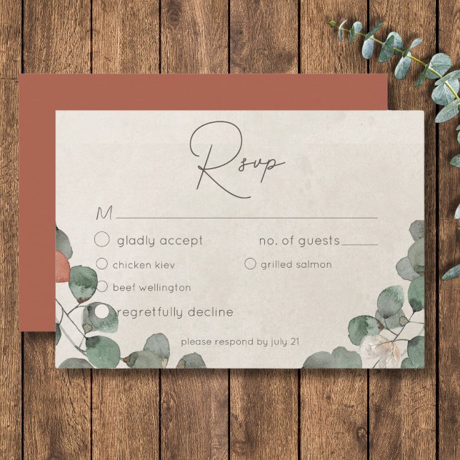 Minimale Rost grüne Eukalyptus-Wreath-Hochzeit RSVP Karte (Minimal Rust Green Eucalyptus Wreath Wedding RSVP Card)