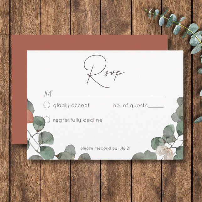 Minimale Rost grüne Eukalyptus-Wreath-Hochzeit RSVP Karte (Minimal Rust Green Eucalyptus Wreath Wedding RSVP Card)