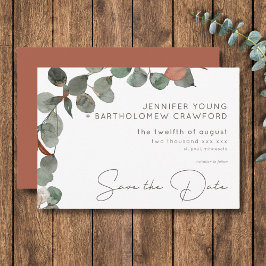 Minimale Rost grüne Eukalyptus-Wreath-Hochzeit Save The Date