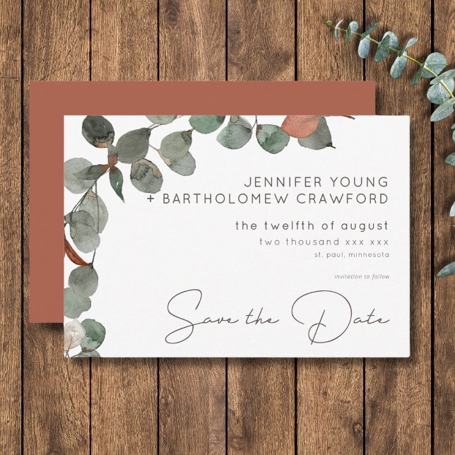Minimale Rost grüne Eukalyptus-Wreath-Hochzeit Save The Date (Minimal Rust Green Eucalyptus Wreath Wedding Save The Date)