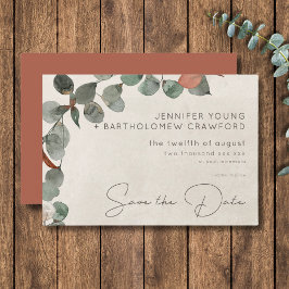 Minimale Rost grüne Eukalyptus-Wreath-Hochzeit Save The Date