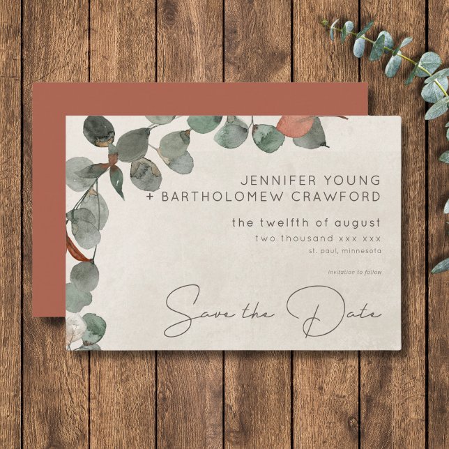 Minimale Rost grüne Eukalyptus-Wreath-Hochzeit Save The Date (Minimal Rust Green Eucalyptus Wreath Wedding Save The Date)