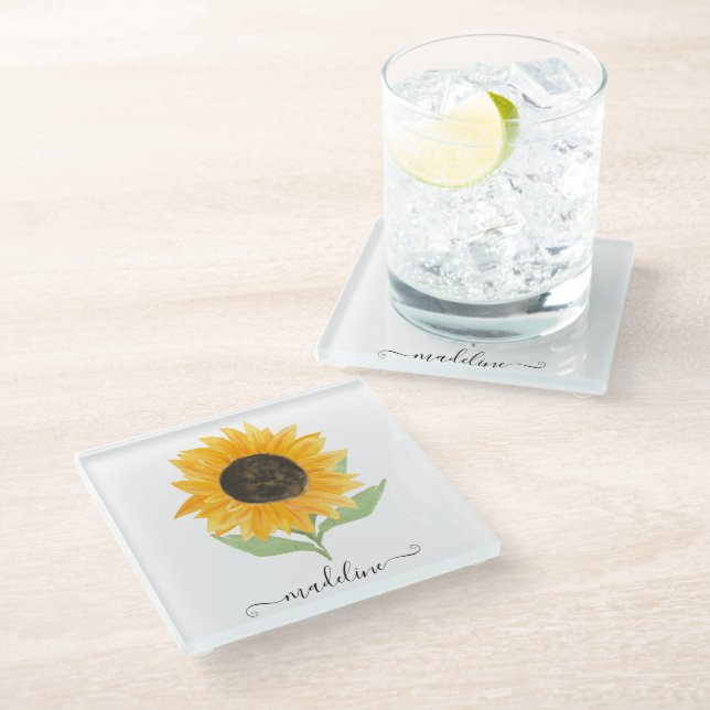 Minimale rustikale Sonnenblume personalisierter Na Glasuntersetzer (Schrägansicht)