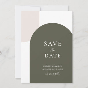 Minimale sagegrüne Boho-Bogen-Hochzeit mit weißer Save The Date