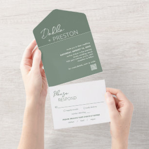 Minimale sagegrüne QR-Code-Moderne Hochzeit All In One Einladung