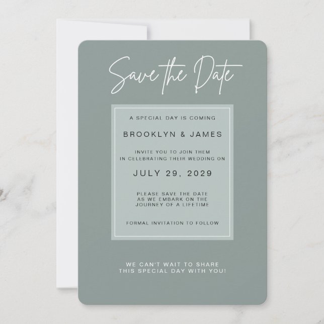 Minimale Salbei-Farben Save The Date Einladung (Vorderseite)
