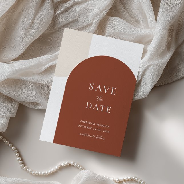 Minimale Schrift Boho Rustikale Terrakotta-Bogen-H Save The Date (Von Creator hochgeladen)