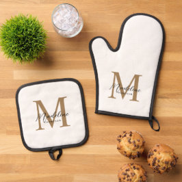 Minimale Schrift Kalligrafie Gold Monogramm Ofenhandschuh & Topflappen-Set