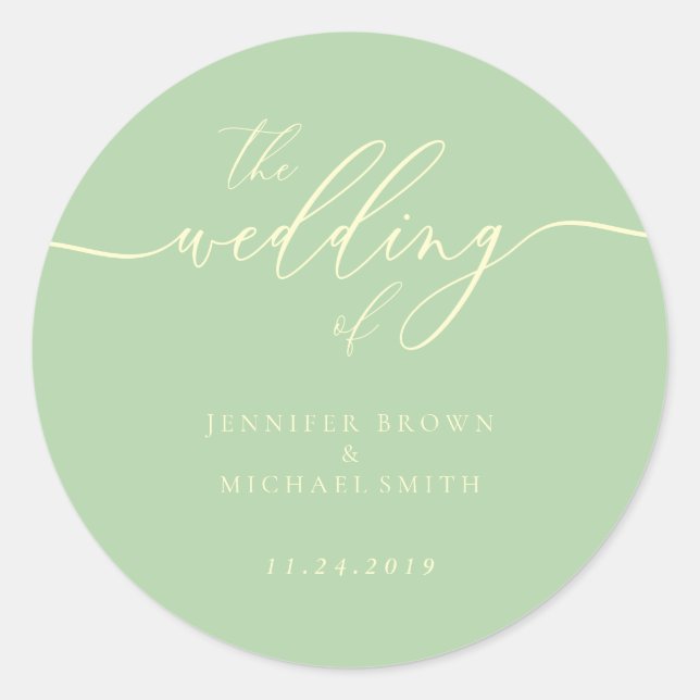Minimale Schrift Pistazie und Creme Hochzeit Runder Aufkleber (Vorderseite)