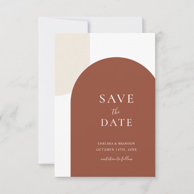 Minimale Schrift Rustikale Terrakotta Boho Bogen H Save The Date (Vorderseite)