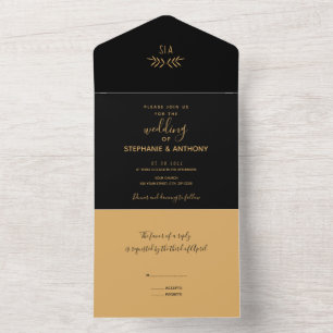 Minimale Schwarz-Gold-Branch-Kalligrafie-Hochzeit All In One Einladung