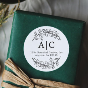 Minimale Schwarz-Weiß-Blatt-Adresse Runder Aufkleber