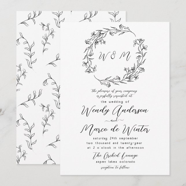Minimale Schwarz-Weiß-Boho Botanische Hochzeit Einladung (Vorne/Hinten)