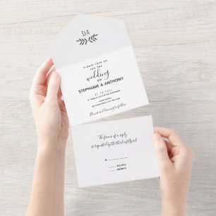 Minimale Schwarz-Weiß-Branch-Kalligrafie-Hochzeit All In One Einladung
