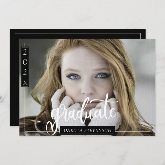 Minimale Schwarz-Weiß-Foto-Graduierungsparty Einladung (Vorne/Hinten)
