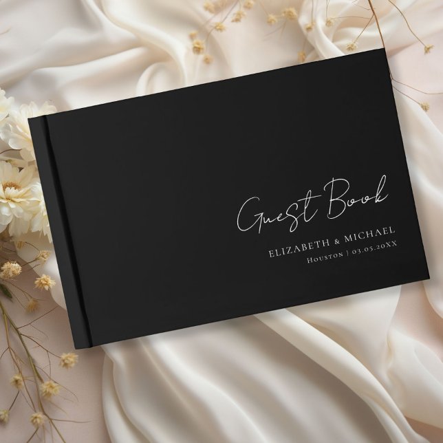 Minimale, Schwarz-Weiß-Handschrift-Hochzeit Gästebuch (Minimal, Black and White Handwriting Script Wedding Guest Book with your name and date.)