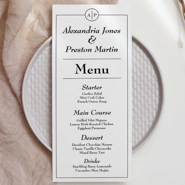 Minimale Schwarz/Weiß-Monogram-Hochzeitmenü-Karte Menükarte (simple and modern, this black and white monogram menu is an elegant personal touch to your wedding)