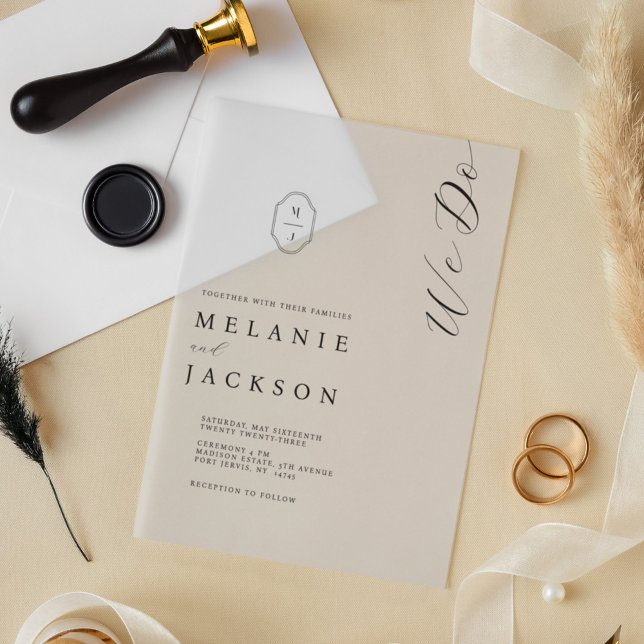 Minimale Schwarz-Weiß-Monogramm-Wappen-Hochzeit (Minimal Black & White Monogram Crest Wedding Vellum Invitations)