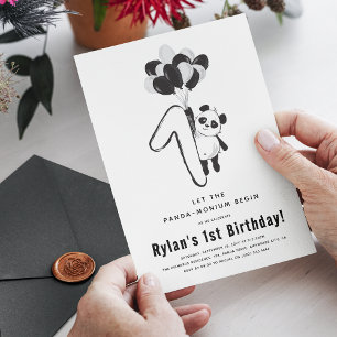 Minimale Schwarz-Weiß-Panda-Geburtstagsfeier zum 1 Einladung
