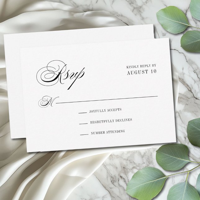 Minimale Schwarz-Weiß-Romantische Skriptereihe RSVP Karte (Elegant minimal modern wedding RSVP card with vintage flair)