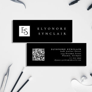 Minimale Schwarz-Weiß-Schrift-Wimpern-Logo-Qr-Code Mini Visitenkarte