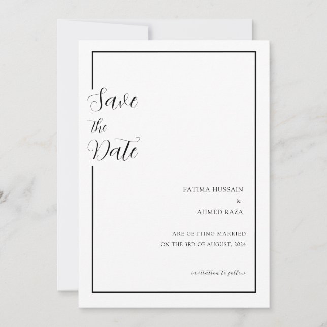 Minimale Schwarz-weiße muslimische Hochzeit rettet Save The Date (Vorderseite)