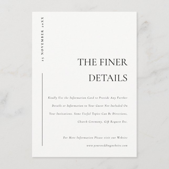 Minimale Schwarz-weiße Typografie-Hochzeitdetails Begleitkarte (Vorderseite)