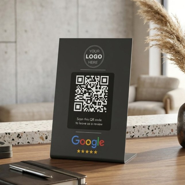 Minimale schwarze Google-Review-QR-Code-Logo Sockelschild (Black Google Review QR Code Pedestal Sign | Custom Logo Display | Luxury Business Counter Signage)