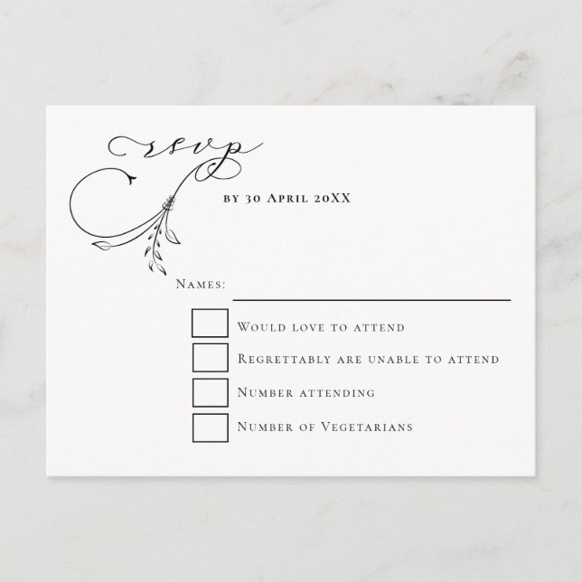 Minimale schwarze Schriftzeichen-Hochzeit RSVP Postkarte (Vorderseite)