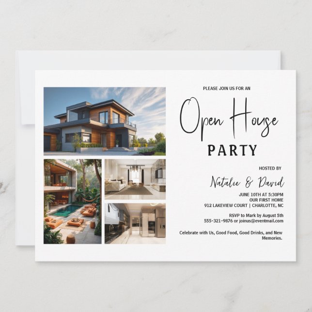 Minimale Schwarze Weiße 4-Foto-Open-House Einladung (Vorderseite)