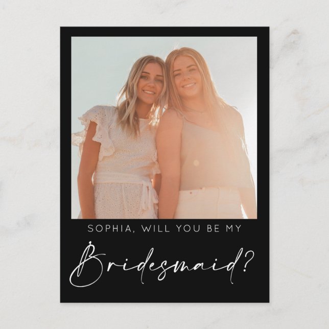 Minimale Script Bridesmaid Vorschlagskarte mit Fot Postkarte (Vorderseite)