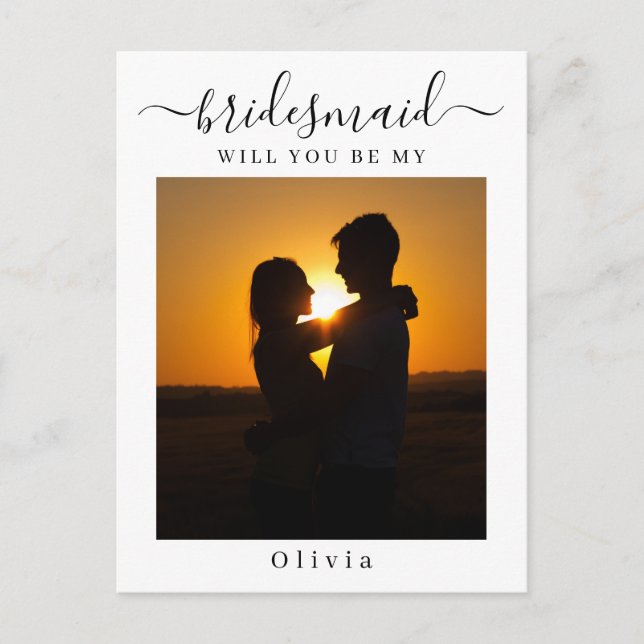 Minimale Script Bridesmaid Vorschlagskarte mit Fot Postkarte (Vorderseite)