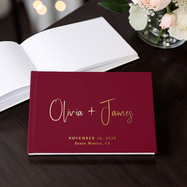 Minimale Script Burgundy Wedding Gästebuch (Minimal Script Burgundy Wedding Foil Guest Book)