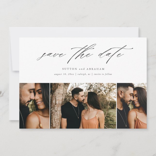 Minimale Script-Hochzeit 3 Foto Save The Date (Vorderseite)
