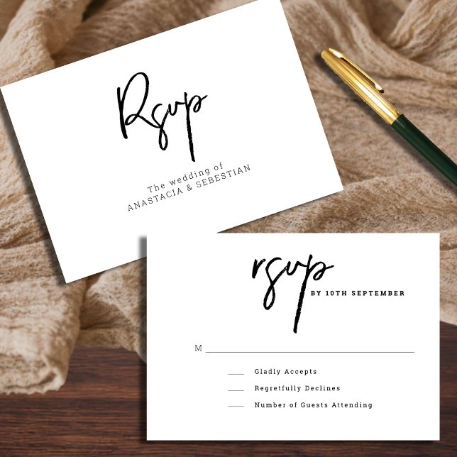 Minimale Script Schwarz und Weiß Hochzeit RSVP Karte (Minimal Script Black and White Wedding RSVP Card)