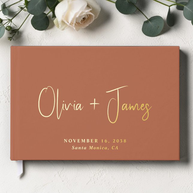 Minimale Script Terracotta Wedding Gästebuch (Minimalist Terracotta Wedding Foil Guest Book)