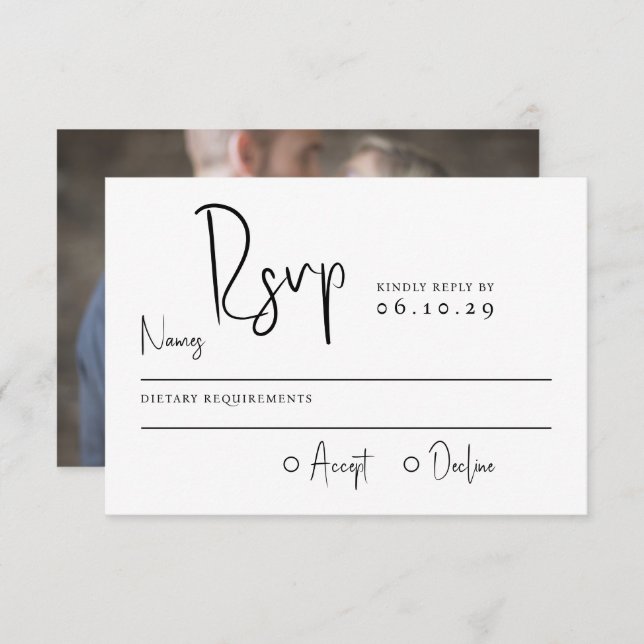 Minimale Script Typografy Foto Hochzeit RSVP Karte (Vorne/Hinten)