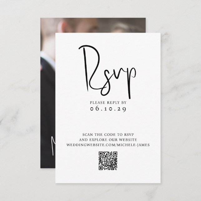 Minimale Script Typografy Foto QR Code Hochzeit RSVP Karte (Vorne/Hinten)