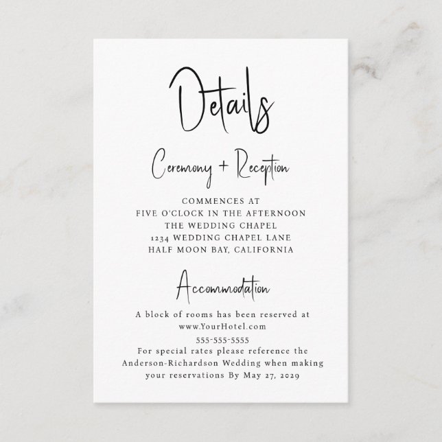 Minimale Script Typografy Wedding Details Begleitkarte (Vorderseite)
