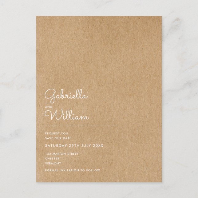 Minimale Skripte Rustic Kraft Save the Date Ankündigungspostkarte (Vorderseite)