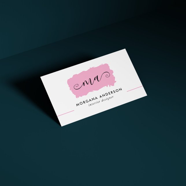 Minimale Skriptinitialen Rosa Pinselstrich Visitenkarte (Minimal Script Initials Pink Brushstroke Business Card)