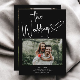 Minimale Skriptsignatur Herz-Foto Schwarze Hochzei Einladung