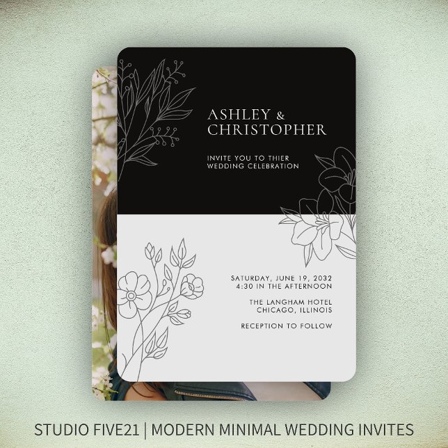 Minimale Smokey Black Foliage Kontur Foto Hochzeit Einladung (Von Creator hochgeladen)
