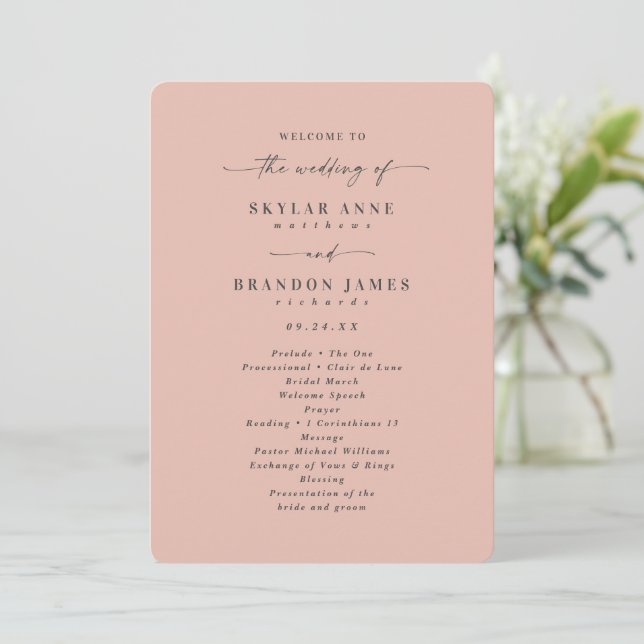 Minimale Solid Blush Pink Hochzeitfeier Programm (Stehend Vorderseite)