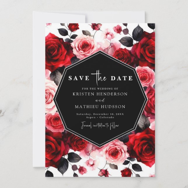 Minimale spielerische Crimson Red Wedding Save The Date (Vorderseite)